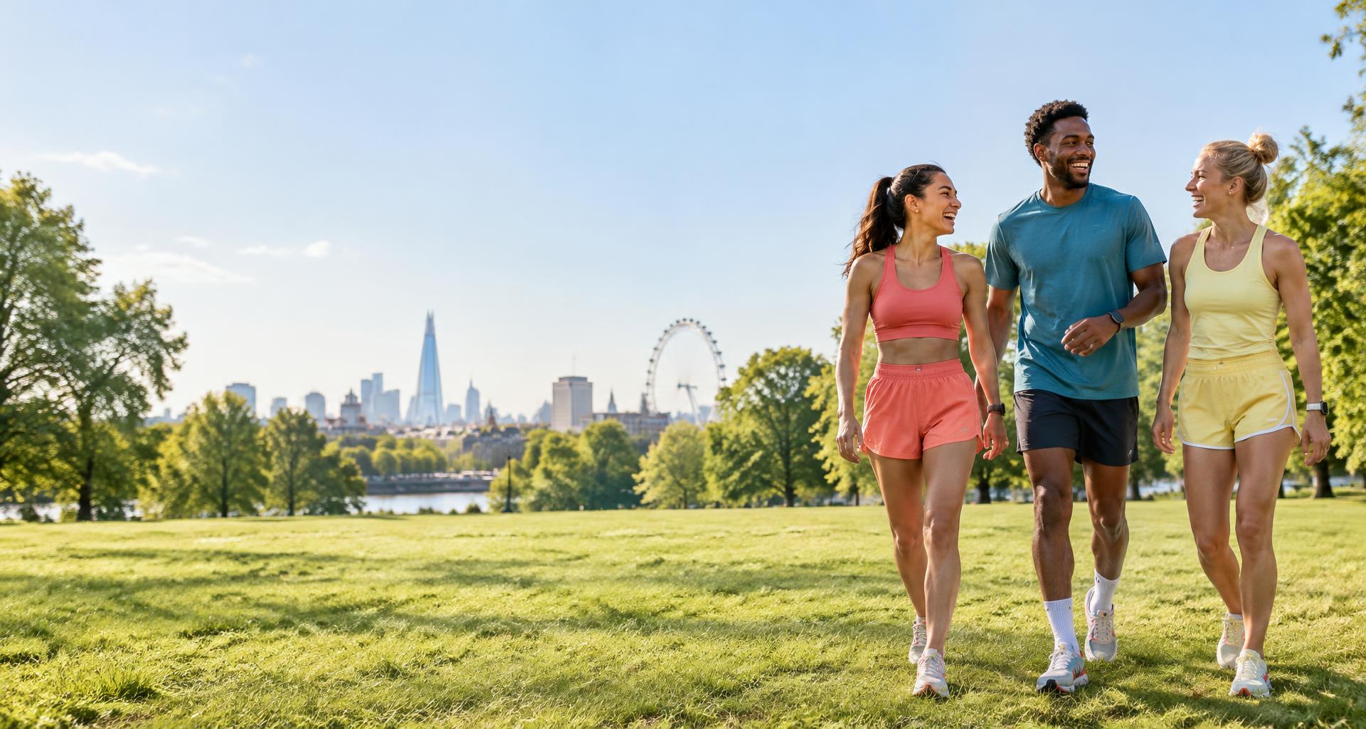 Three friends enjoying a walk together after a run in the park